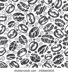 Coffee. Vector seamless pattern. Silhouette of black bean, shape of grain. Aroma natural drink. Art hand draw texture sketch on white background. Abstract collection