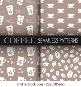 Coffee vector seamless patterns collection. White cups and coffee beans on soft pastel brown background. Best for textile, print, wrapping paper, package and cafe decoration.