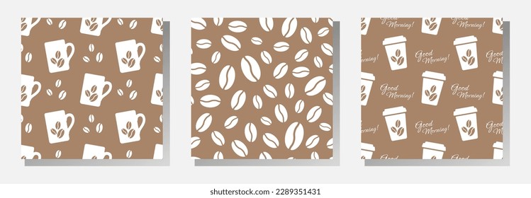 Coffee vector seamless patterns collection. White cups and coffee beans on soft pastel brown background. Best for textile, print, wrapping paper, package and cafe decoration.