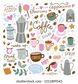 Coffee vector set. Doodle illustrations with coffee cups, sweet food, kitchen equipment on white background