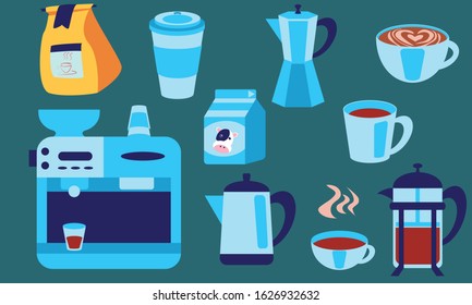 Coffee Vector Set. Graphic colorful icons for cafe menu or logo. Mugs and coffee makers.