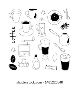 Coffee.  Vector set with hand drawn doodles on the theme of food and drink. Sketches for use of design.