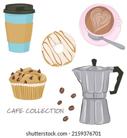 coffee vector set, Hand drawn elements, coffee, doughnut, muffin, pastry 