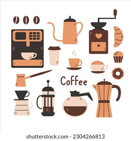 Coffee vector set. Hand drawn collection with various coffee elements and equipment. Сup, beans, pot, grinder, machine, coffee maker