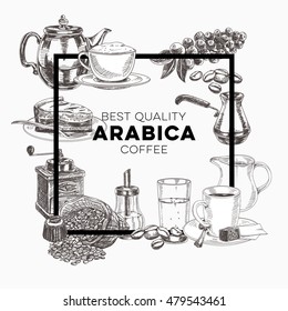 Coffee vector set. Illustrations in sketch style. Hand drawn design elements.