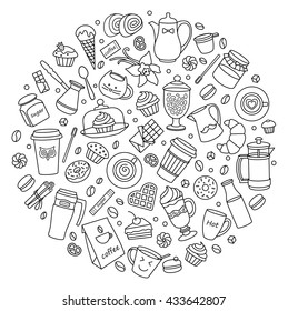 Coffee vector set. Line Many object. Isolated elements . Food and drinks. Hand drawn. Cups and sweet desserts. Scribble cartoon. coffee house, cafe, fast food, kitchen, confectionery, circle, round,