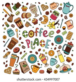 Coffee vector set. Line Many object. Isolated elements . Food and drinks. Hand drawn. Caps and sweet desserts. Scribble cartoon. coffee house, cafe, fast food, kitchen, confectionery/ Doodle cartoon