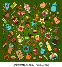 Coffee vector set. Line. Many object. Isolated elements . Food and drinks. Hand drawn. Cups and sweet desserts. Scribble cartoon. coffee house, cafe, fast food, kitchen, confectionery. Doodle cartoon