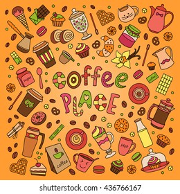 Coffee vector set. Line. Many object. Isolated elements . Food and drinks. Hand drawn. Cups and sweet desserts. Scribble cartoon. coffee house, cafe, fast food, kitchen, confectionery. Doodle cartoon