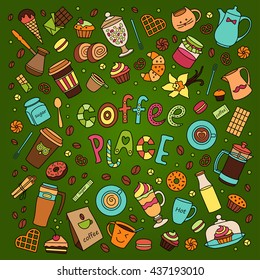 Coffee vector set. Line. Many object. Isolated elements . Food and drinks. Hand drawn. Cups and sweet desserts. Scribble cartoon. coffee house, cafe, fast food, kitchen, confectionery. Doodle cartoon