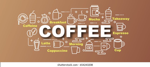 coffee vector trendy banner design concept, modern style with thin line art icons on gradient colors background
