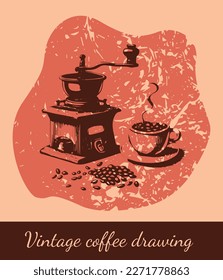 Coffee vector vintage illustration of coffee on a red background. Retro poster for cafe, restaurant, bar, pub. Vector elements.