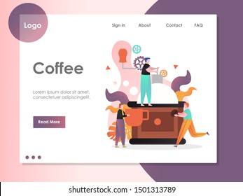 Coffee vector website template, web page and landing page design for website and mobile site development. Coffee shop, coffeehouse composition with barista team grinding coffee beans.