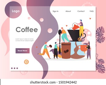 Coffee vector website template, web page and landing page design for website and mobile site development. Coffee shop, cafe, bar or coffeehouse concept with barista team making coffee.