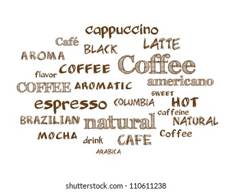 Coffee. Vector word cloud background. Hand drawn style text.