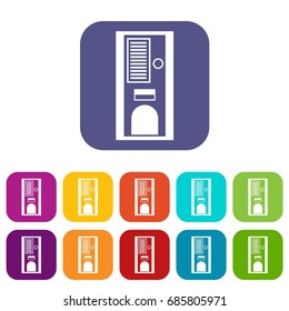 Coffee vending machine icons set vector illustration in flat style in colors red, blue, green, and other