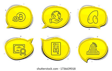Coffee vending sign. Diploma certificate, save planet chat bubbles. Refresh bitcoin, Peanut and Roller coaster line icons set. Update cryptocurrency, Vegetarian nut, Attraction park. Vector