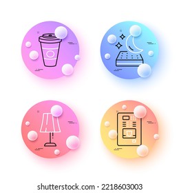 Kaffeeautomaten, Tischlampe und Matratze minimale Zeilensymbole. Schaltflächen für 3D-Kugeln oder Bälle. Nehmen Sie Kaffee-Symbole weg. Für Web, Anwendung, Druck. Nachtbett, heißer Latte Drink. Vektorgrafik