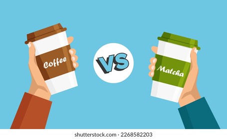 Coffee versus matcha tea. Drinks battle. Design element for your advertisement. Vector illustration.