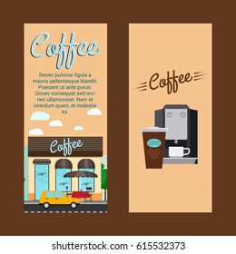 Coffee vertical flyers with shop building and landscape, vector illustration