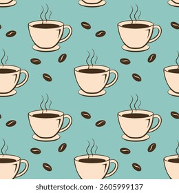Coffee vibe. Seamless pattern with coffee cups and coffee beans. Restaurant menu background or kitchen wallpaper design.