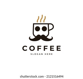 Coffee with vintage beard mustache vector logo design. Hot coffee mug logo design