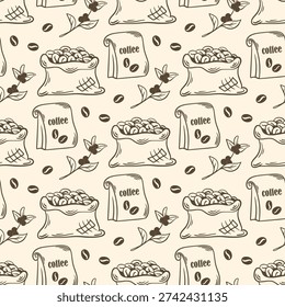 Coffee vintage engraved seamless pattern. Background with coffee bean packages, raw Arabica and robusta coffee beans. Print for packaging, paper, and design. Vector graphics