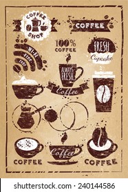 Coffee vintage, grunge element, retro coffee on the kraft paper texture. Use for the menu, in the shop, in the bar, the card or stickers. Easy to edit.