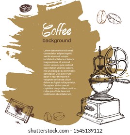 Coffee vintage hand grinder, beans vector hand drawn poster. Banner, poster, identity, branding design with sketch illustration of retro coffee objects.