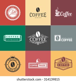 Coffee Vintage Labels Logo Template Collection. Vector Symbols and Icons of Retro style. Mocha, Espresso, Ristretto, Latte, Americano.