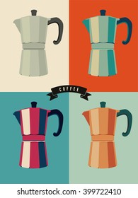 Coffee vintage pop-art style poster with classic moka pot coffee makers. Retro vector illustration.