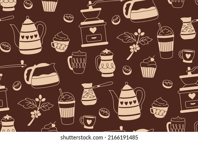 Coffee vintage seamless pattern. Cartoon cup drink, beans and cezve pot. Breakfast cappuccino espresso mug boundless ornament. Linear vector endless design paper scrapbook coffeehouse menu