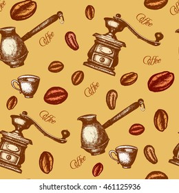 Coffee vintage seamless pattern vector, hand drawn background coffee beans 