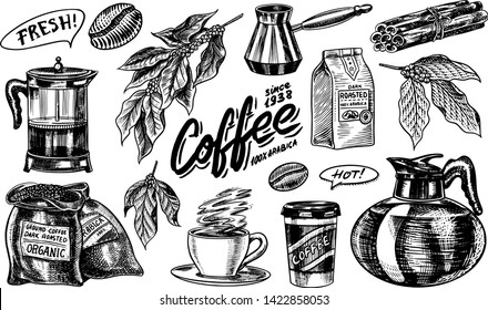 Coffee in vintage style. A bag of grain, cocoa leaves, cinnamon sticks, a cup and a teapot, a coffee maker and a bag of milk, calligraphic inscription. Hand drawn engraved retro sketch for labels.
