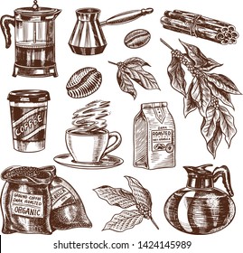 Coffee in vintage style. A bag of grain, cocoa leaves, cinnamon sticks, a cup and a teapot, a coffee maker and a bag of milk. Hand drawn engraved retro sketch for labels.