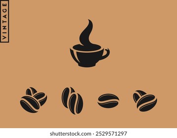 Coffee vintage style.  Isolated coffee cup with steam and coffee beans on brown background