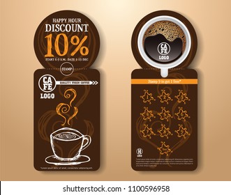 Coffee voucher. Cafe gift card happy hour discount and stamp for free on dark brown background vector