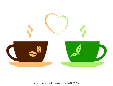 Coffee vs tea. Brown cup of coffee and green cup of tea, and heart. Vector illustration