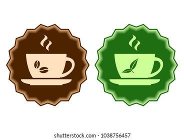 Coffee vs tea. Brown and green labels with cup. Vector illustration