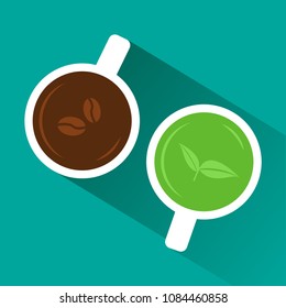 Coffee vs tea. View from above. White cup of coffee and green tea with shadow on turquoise background. Vector illustration