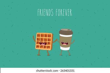 Coffee and waffle. Vector cartoon. Friends forever. Comic characters. You can use in the menu, in the shop, in the bar, the card or stickers.