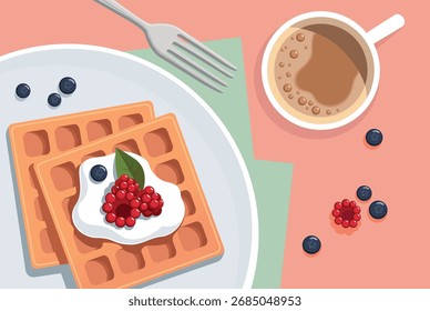 café com waffles e bagas para o café da manhã