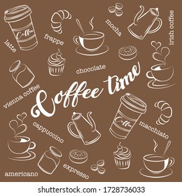 Coffee walllppapper. Vector beverage flyer for bar and cafe. Blackboard design template with vintage hand-drawn food illustrations.