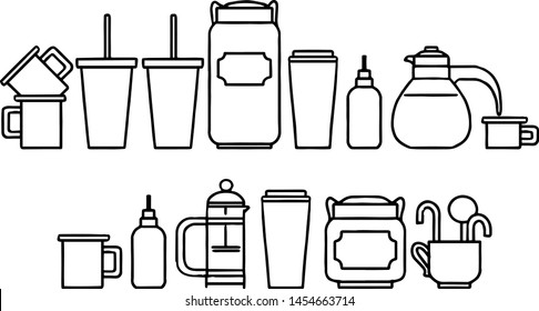 Coffee ware and kitchen jars set. Black and white line art. Flat illustration