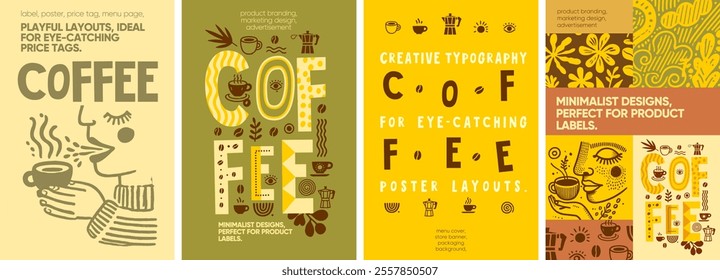 Coffee. Warm and inviting coffee-themed designs with rustic hand-drawn elements, ideal for labels, posters, and promotional branding materials.