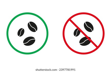 Coffee Warning Signs. Coffee Grain, Espresso, Cappuccino Silhouette Icons Set. Roasted Caffeine Allowed, Hot Drink Prohibited Symbols. Isolated Vector Illustration.