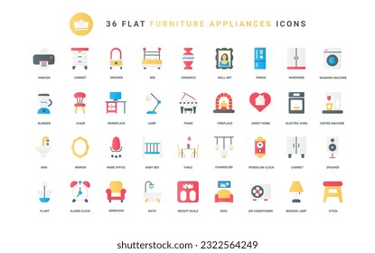 Coffee and washing machine, chair and table for workplace. Home furniture, kitchen electric appliances, domestic equipment and modern household devices trendy flat icons set vector illustration