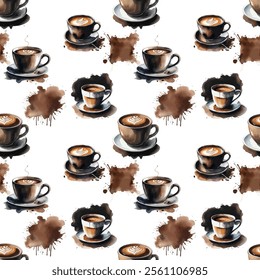 Coffee watercolor pattern. Vector illustration.