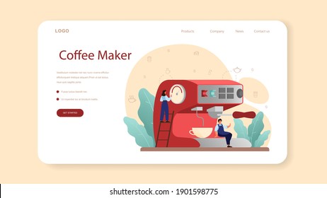 Coffee web banner or landing page. Barista making a cup of hot coffee. Energetic tasty beverage for breakfast with milk. Cuppuccino cup in coffee machine. Vector illustration in cartoon style