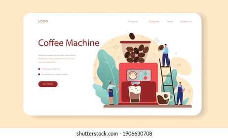 Coffee web banner or landing page. Barista making a cup of hot coffee. Energetic tasty beverage for breakfast with milk. Cuppuccino cup in coffee machine. Vector illustration in cartoon style